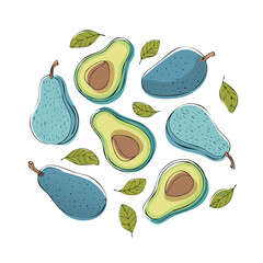 Vector illustration with pears, avocados, and green leaves arranged in a circular composition. Fresh, organic and natural food design perfect for healthy lifestyle and kitchen themes.
