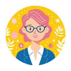 Vector portrait of a smiling woman with pink hair and glasses in a blue blazer on a bright yellow round background with decorative leaves and flowers. Flat avatar illustration.