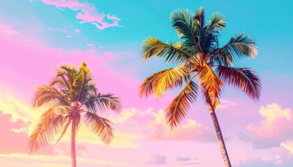 Vibrant palm trees against a pastel sunset sky