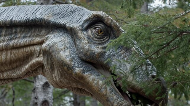 4k video of a dinosaur eating the tree branches and leaf.