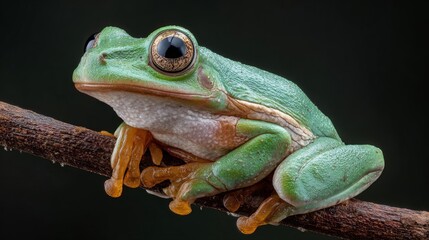 Javan tree frog perched on a branch in tropical forest, flying frog resting on green branch, close-up of exotic amphibian wildlife
