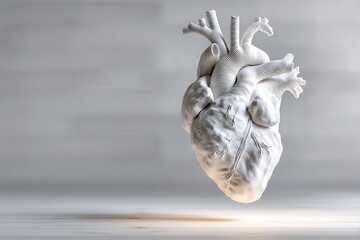 Floating anatomical heart sculpture emphasizing intricate details and textures showcasing the intersection of art and science in a minimalist, clean design conveying vitality and biophilia