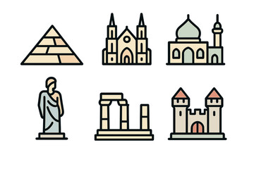 Obraz premium Iconic monuments set: linear icons of famous world landmarks