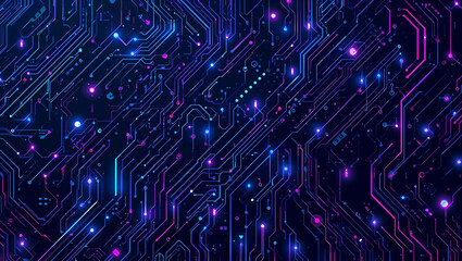 Abstract digital circuit board pattern with glowing blue and pink lines and dots, representing technology and data flow.
