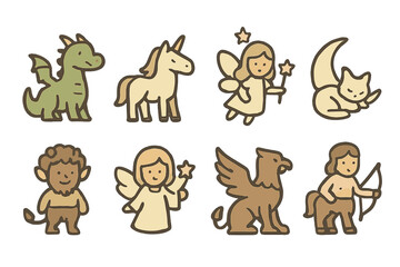 Obraz premium Magical creatures collection: stylized flat fantasy icons on gradient background