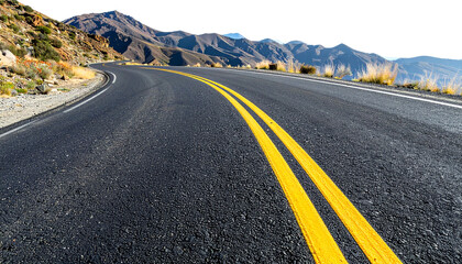 Empty asphalt highway winding through mountain landscape on white background