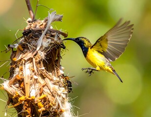 A small yellow and black bird hovers near a nest, likely gathering material or food.  Close-up, natural light