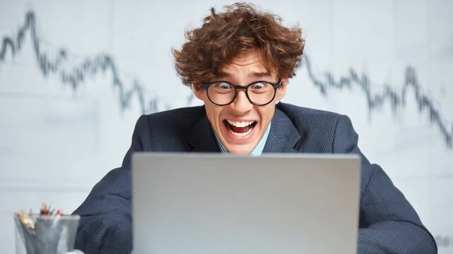 Stock Trader's Triumph: A young man's elation radiates as he gazes upon a computer screen displaying market fluctuations, the perfect embodiment of investment success.