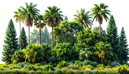 Fototapeta premium Green tropical palm trees line the edge on a white background