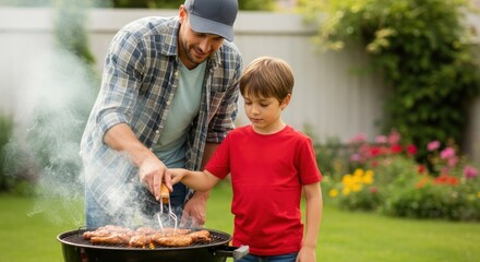 A man and a boy cooking on a barbecue grill in a backyard.