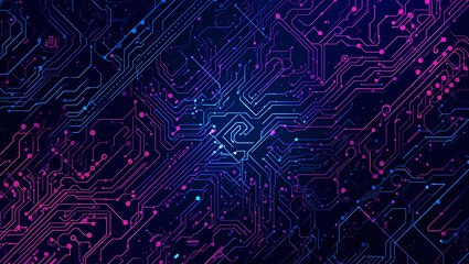Abstract digital circuit board pattern with glowing blue, purple, and pink lines on a dark background, representing technology and data flow.