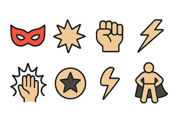Superhero icon set featuring bold masks, stars, and lightning symbols