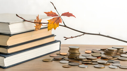 Resilient Ecosystem Business Books stacked beside piles of coins on a wooden desk with an autumn branch above.