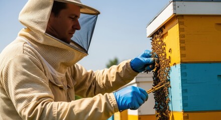 A beekeeper wearing a protective suit and gloves, inspecting a beehive with bees crawling on it.