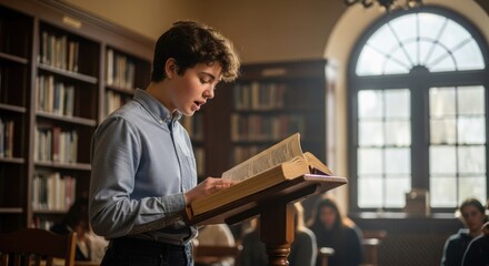 A young woman in a library, reading a book.