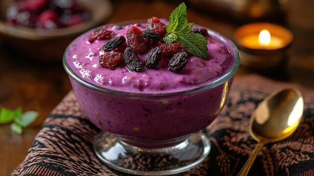 sweet and tangy mazamorra morada dessert close up video