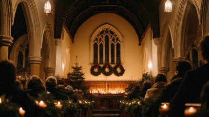 Minimalist Christmas Mass in Western Church with Candles and Wreaths