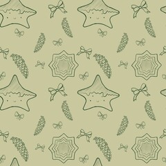 Seamless pattern of Christmas gingerbread cookies, cones and bows in a graphic style in green