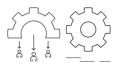 Gear components with arrows connecting to workers, representing teamwork and process management. Ideal for collaboration, business, productivity, workflow, leadership, teamwork strategy. Simple flat