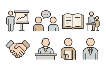 Business icons set featuring meeting, presentation, and collaboration in flat style