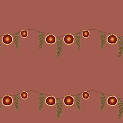 Seamless pattern Christmas garland, fir cone and orange slices on a pink background