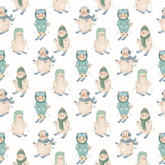 Seamless winter pattern with cute skiing cats and snowmen in cozy hats, scarves, and earmuffs. Soft pastel illustration perfect for Christmas wrapping paper, fabric, and festive designs.