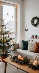 Minimalist Christmas Living Room. Cozy decorated living room with Christmas tree and candles. vertical view.