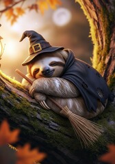 Halloween Sloth Witch. Cute sloth wearing witch hat and cloak sleeping on tree branch with broomstick.