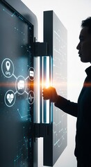 Futuristic Digital Doorway. Man opening high tech door with glowing holographic interface. vertical view.
