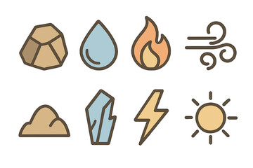 Minimalist element icons on warm background: earth, water, fire, air, and more