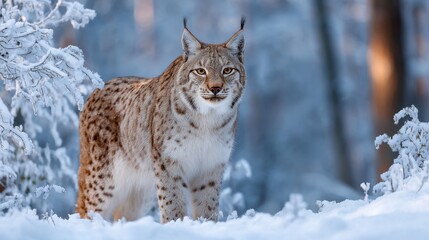 Fototapeta premium Eurasian lynx walking through snowy forest in winter, close-up of wild lynx face in snow-covered slovakia, february wildlife scene in european wilderness