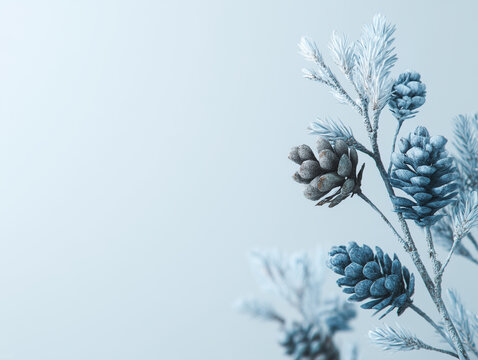 Minimal winter composition with pinecones and white flowers on soft blue background
