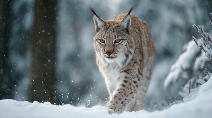 Eurasian lynx walking through snowy forest in winter, close-up of wild lynx face in snow-covered slovakia, february wildlife scene in european wilderness