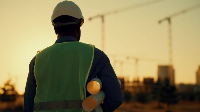 Safety precautions at construction site, back view of builder with white helmet. Professional foreman walking in sunset or sunrise time, city construction an development, cinematic shot, rear view
