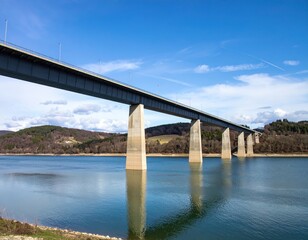 Fototapeta premium Modern bridge spanning a large lake with calm reflections under blue sky