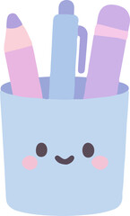 Cute pastel illustration of a smiling pencil holder containing a pink pencil, blue pen, and purple eraser, perfect for charming stationery designs and creative school supply concepts