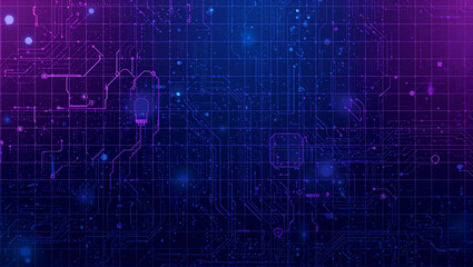Abstract digital technology background with glowing circuit lines and grid pattern in blue and purple hues, representing data flow and connectivity.