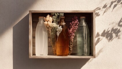 Wooden box with bottles and dried flowers