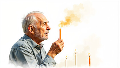 Elderly man blowing out candles while celebrating with soft colors  