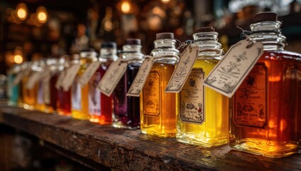 Row of glass bottles with colorful liquids and vintage labels on a rustic wooden shelf