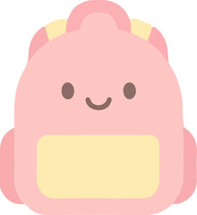 A delightful cartoon illustration of a pink and yellow school backpack with a cute smiling face. This simple, flat icon is perfect for children's educational or travel themes