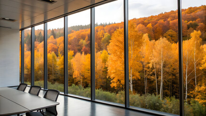 Resilient Ecosystem Business Modern conference room with large windows overlooking a vibrant autumn forest landscape.