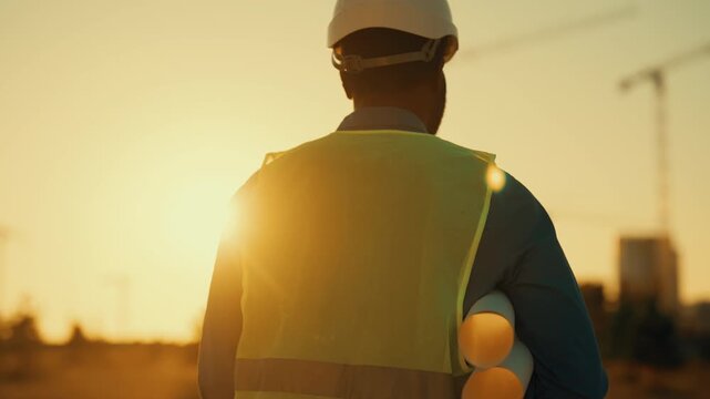Foreman walking on modern construction site, back view of man with drawings. Building and development of cities, cinematic rear view slow motion, professional architect or builder moving to goal