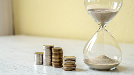 Financial Concept: Hourglass and Coin Stacks Representing Time and Money