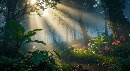 Experience the enchanting allure of a misty forest bathed in ethereal sunlight. Sunbeams pierce the canopy, illuminating vibrant wildflowers and lush foliage along a serene stream.