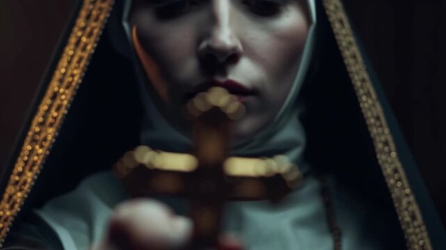 4k video of a nun holding a golden cross.