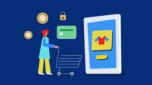 Woman customer with shopping trolley stands before smartphone ecommerce app, intending to buy online using secure payment system.