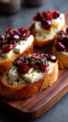Crostini with melted brie cheese and cranberry sauce, topped with fresh herbs, ready for serving
