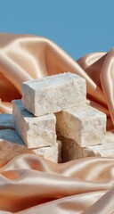 Stacked, light-cream-colored, rectangular blocks of a sweet treat rest on a bed of draped, peach-toned satin