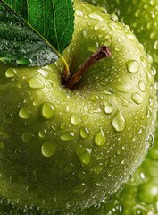 Close-up of a wet green apple with water droplets and leaves